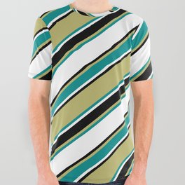 [ Thumbnail: Dark Khaki, Dark Cyan, White & Black Colored Lined/Striped Pattern All Over Graphic Tee ]