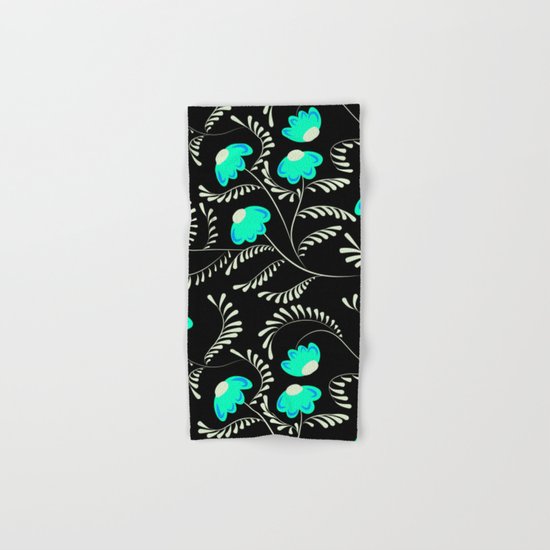 Retro . Turquoise flowers on a black background . Hand & Bath Towel