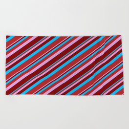 [ Thumbnail: Deep Sky Blue, Red, Plum & Maroon Colored Lined/Striped Pattern Beach Towel ]