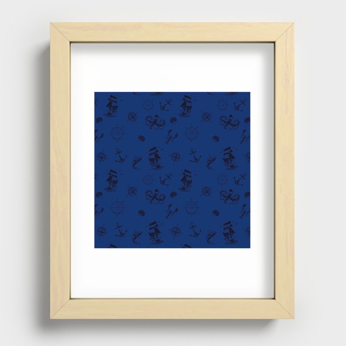 Monochrome Blue Silhouettes Of Vintage Nautical Pattern Recessed Framed Print
