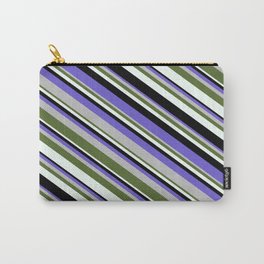 [ Thumbnail: Slate Blue, Grey, Dark Olive Green, Mint Cream, and Black Colored Stripes Pattern Carry-All Pouch ]