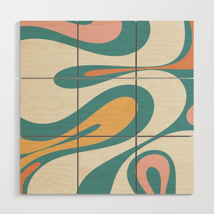 Mellow Flow Retro Modern 60s 70s Abstract Pattern Teal Cream Blush Mustard Wood Wall Art