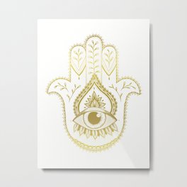 Hamsa Hand - Gold Metal Print | Mandala, Indian, Eye, Ink Pen, Spiritual, Pattern, Golden, Hand, Middle East, Symmetry 