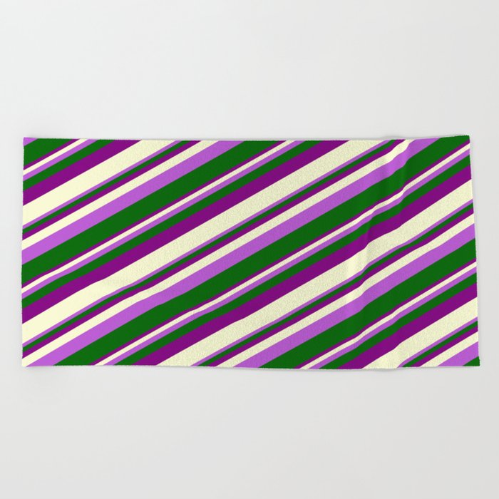 Orchid, Dark Green, Purple, and Light Yellow Colored Stripes Pattern Beach Towel
