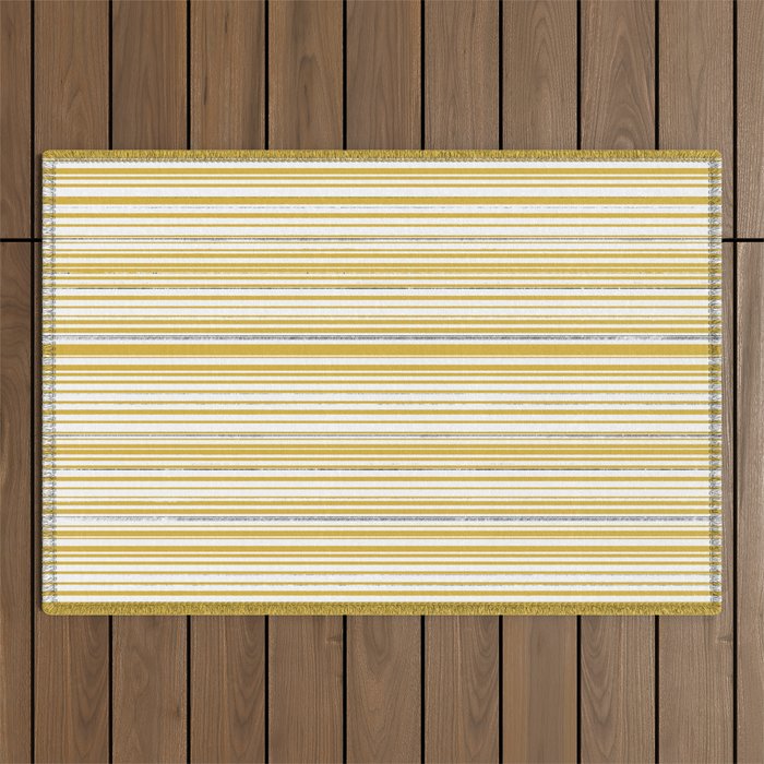 Fine Rough Painted Stripes in Mustard Yellow and Black on White Outdoor Rug
