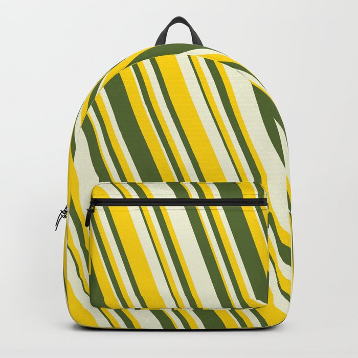 Yellow, Dark Olive Green & Beige Colored Striped Pattern Backpack