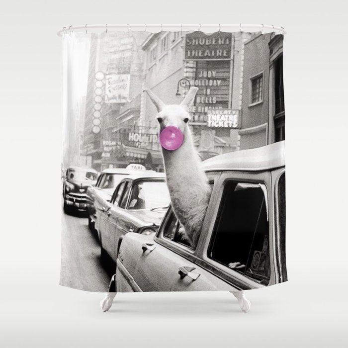 Perfect Pink Bubble Gum Llama taking a New York Taxi black and white photograph Shower Curtain