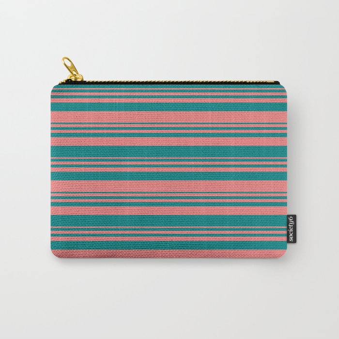 Light Coral and Teal Colored Lined Pattern Carry-All Pouch