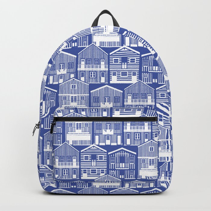 Monochromatic Portuguese houses // electric blue background white striped Costa Nova inspired houses Backpack