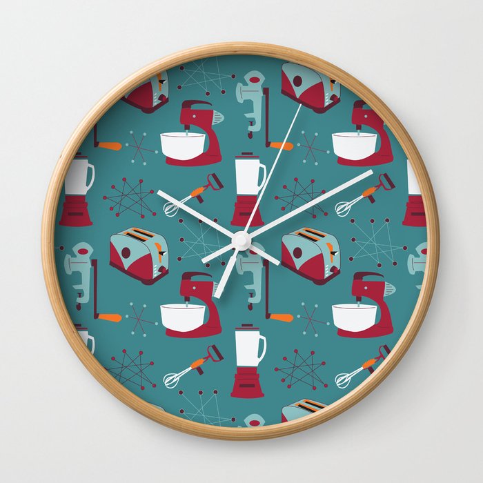 Retro Kitchen Teal And Raspberry Wall Clock By Whyitsmedesign Society6