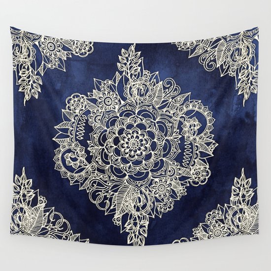Cream Floral Moroccan Pattern on Deep Indigo Ink Wall Tapestry