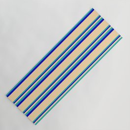[ Thumbnail: Tan, Light Sea Green & Blue Colored Striped Pattern Yoga Mat ]