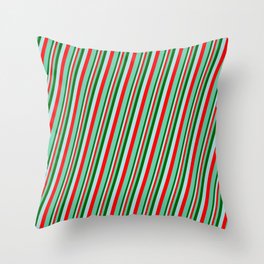 [ Thumbnail: Dark Green, Powder Blue, Red & Aquamarine Colored Pattern of Stripes Throw Pillow ]