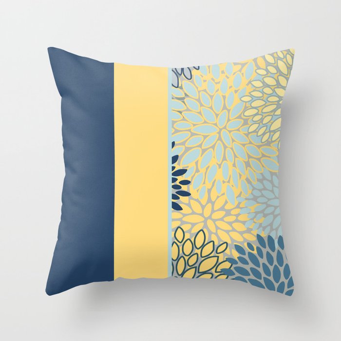 Modern, Color Block, Floral Prints, Blue and Yellow Throw Pillow