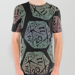 D20 for Gamers - Pastel Rainbow Gradient Icosahedron on Black All Over Graphic Tee