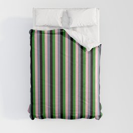 [ Thumbnail: Light Slate Gray, Pink, Forest Green, and Black Colored Lines Pattern Comforter ]