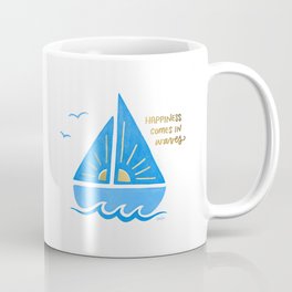 Happiness Comes in Waves | Sailboat Illustration | Cobalt | Coffee Mug