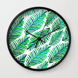 Palm Solace | Tropical Botanical Plants Nature Hand-Painted Watercolor Painting Bohemian Lush Green Wall Clock | Bananaleaves, Pattern, Palmleaves, Vacation, Exotic, Botanical, Watercolor, Curated, Painting, Green 
