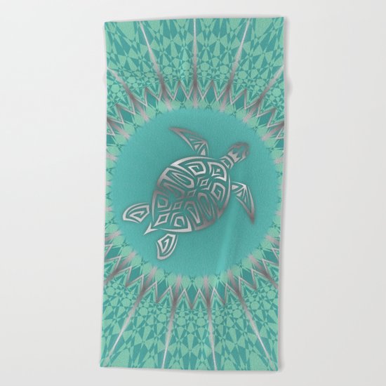 Turquoise Silver Turtle And Mandala Beach Towel