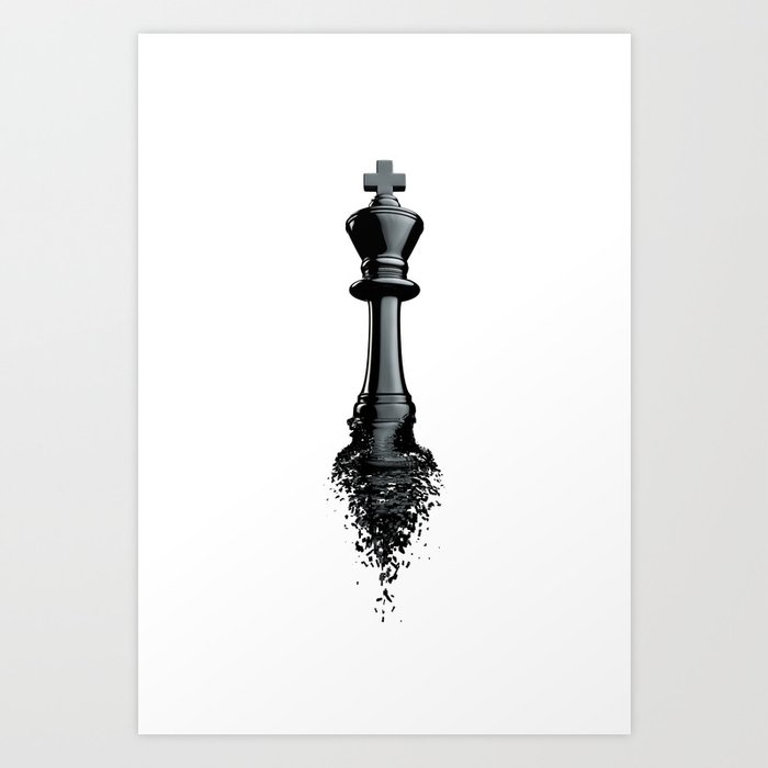 Farewell to the King / 3D render of chess king breaking apart Art Print