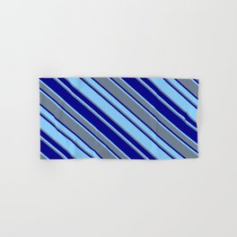 [ Thumbnail: Light Sky Blue, Slate Gray, and Dark Blue Colored Striped/Lined Pattern Hand & Bath Towel ]