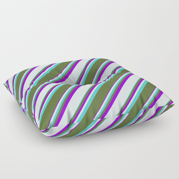 Turquoise, Dark Olive Green, Dark Violet & Light Cyan Colored Striped/Lined Pattern Floor Pillow