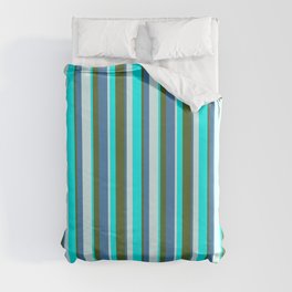[ Thumbnail: Light Cyan, Blue, Dark Olive Green & Aqua Colored Stripes/Lines Pattern Duvet Cover ]
