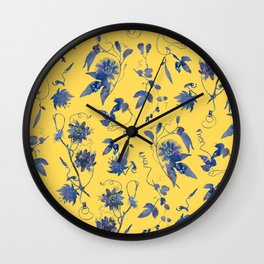 Elegant Blue Passion Flower on Mustard Yellow Wall Clock