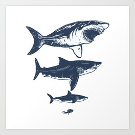 Megalodon sizes compaired to shark and diver Art Print