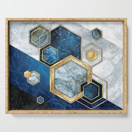 Art Deco Midnight Blue + Gold + White Marble Abstract Geometry Serving Tray