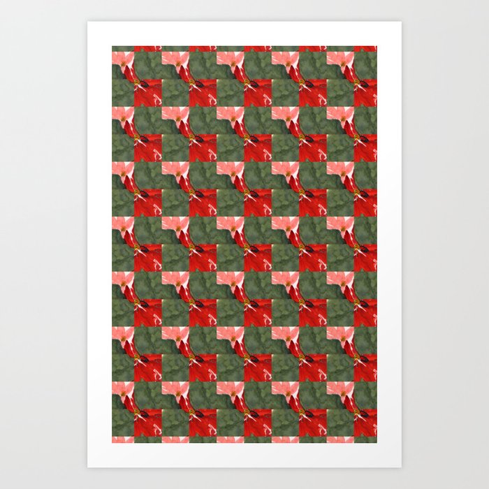 Red Poinsettia Checkerboard Gingham Art Print