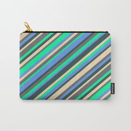[ Thumbnail: Vibrant Tan, Dim Gray, Green, Cornflower Blue, and Dark Slate Gray Colored Lines/Stripes Pattern Carry-All Pouch ]