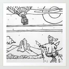 Needle rock colorado Art Print | Piggyback, Balloonride, Stars, Sun, Moon, Ink Pen, Hotairballoon, Drawing, Raccoon, Shoulderride 