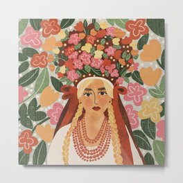 Polish Bride Metal Print | Costume, Floral, Curated, Woman, Pink, Bright, Portrait, Folk, Folklore, Flowers 