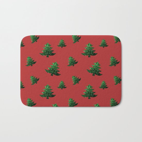 Christmas tree green sparkles pattern on Red Bath Mat