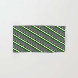[ Thumbnail: Beige, Dark Green & Dim Grey Colored Lines/Stripes Pattern Hand & Bath Towel ]