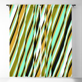 [ Thumbnail: Aquamarine, White, Green, Black, and Goldenrod Colored Pattern of Stripes Blackout Curtain ]