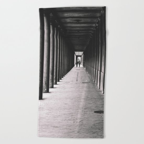 Arcade with columns in Copenhagen, architecture black and white photography Beach Towel