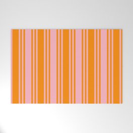 [ Thumbnail: Light Pink and Dark Orange Colored Pattern of Stripes Welcome Mat ]
