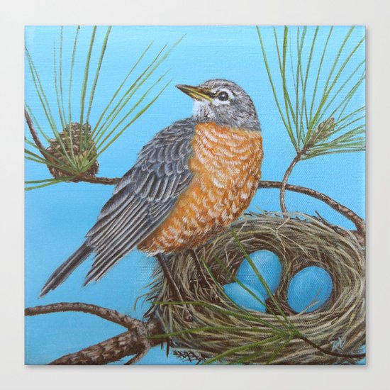 Robin with nest in Georgia pine tree Canvas Print