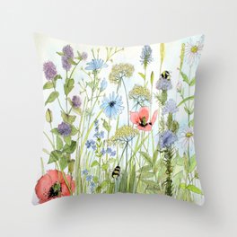 Floral Watercolor Botanical Cottage Garden Flowers Bees Nature Art Throw Pillow