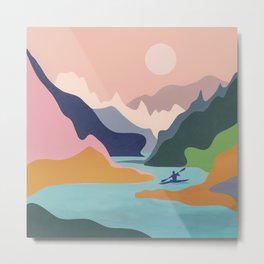 River Canyon Kayaking Metal Print | Adventure, Summer, Mountain, Colorful, Graphicdesign, Boat, Forest, Ilustration, Man, Water 