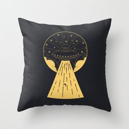 Retro design of flying ufo ship and human silhouette Throw Pillow