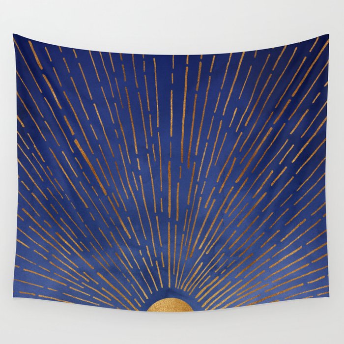 Twilight Blue and Metallic Gold Sunrise Wall Tapestry