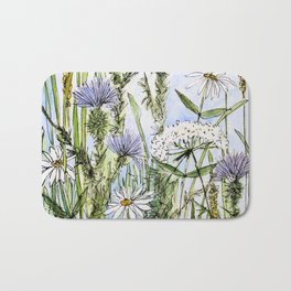Thistles Daisies and Wildflowers Watercolor Bath Mat