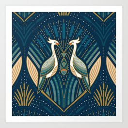 Art Deco Herons - Blue Art Print