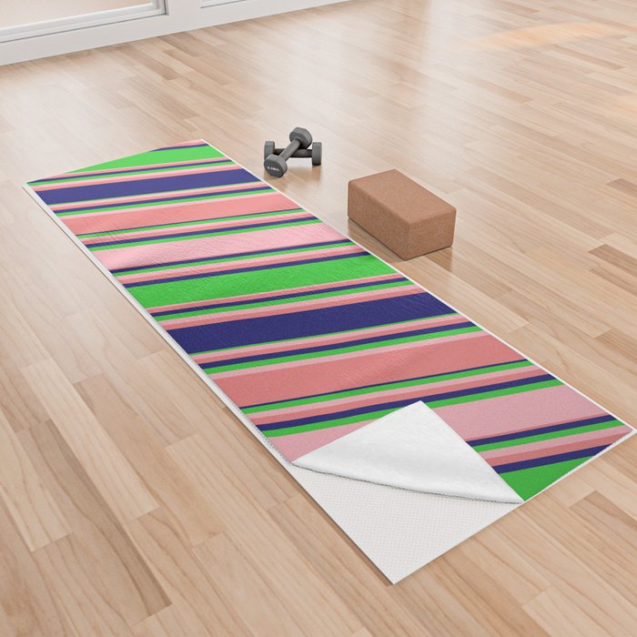Lime Green, Light Pink, Light Coral & Midnight Blue Colored Lines/Stripes Pattern Yoga Towel