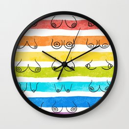 Minimal female breast size feminine body front view different boobs form Watercolor rainbow stripes Wall Clock