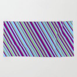 [ Thumbnail: Purple, Light Sky Blue & Dark Sea Green Colored Lined/Striped Pattern Beach Towel ]