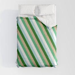 [ Thumbnail: Eye-catching Tan, Sea Green, White, Powder Blue, and Dark Green Colored Pattern of Stripes Comforter ]